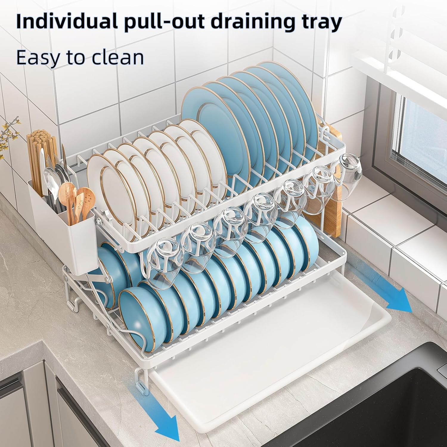 CARLA HOME 2-Tier Dish Drying Rack 40x32x28 cm with Drainage Tray & Utensil Holder - SuperSaverAU - view 5