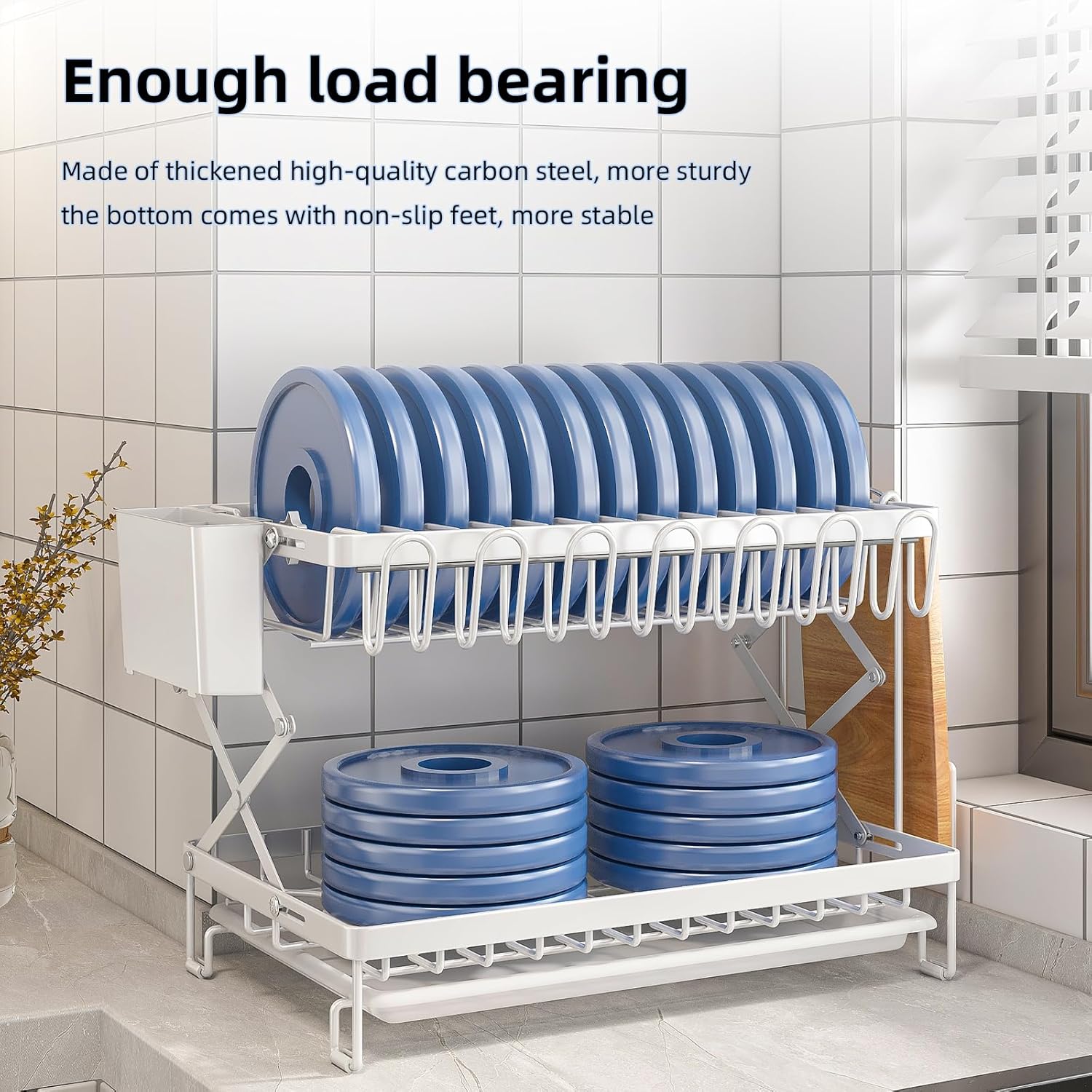 CARLA HOME 2-Tier Dish Drying Rack 40x32x28 cm with Drainage Tray & Utensil Holder - SuperSaverAU - view 8