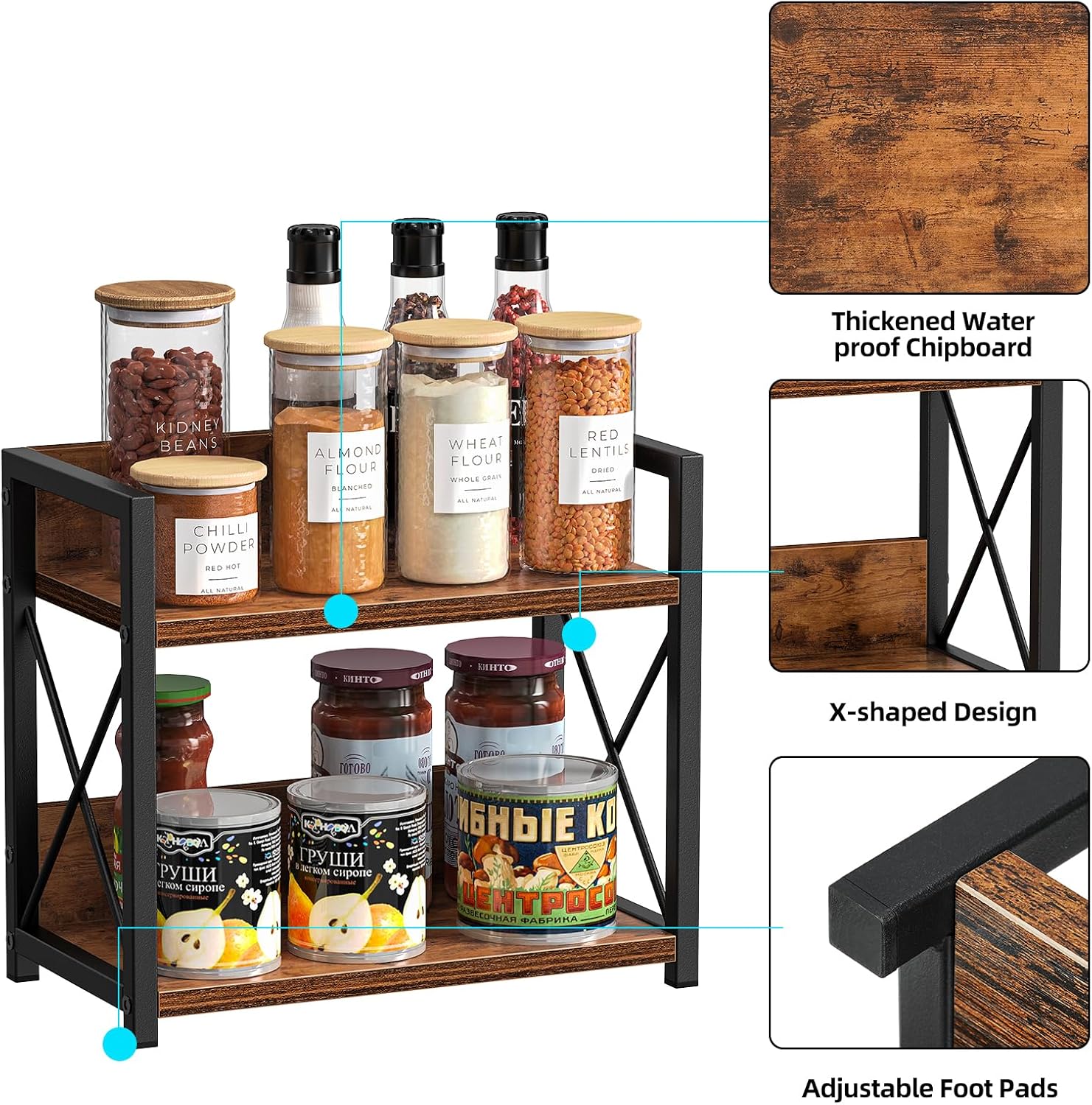 CARLA HOME 2-Tier Countertop Shelf Organizer, Rustic Wood, 27 x 30 x 16 cm - SuperSaverAU - view 4