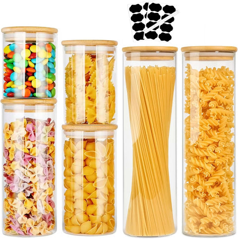 CARLA HOME 6 Pack Glass Storage Jars with Bamboo Lids, Airtight, Multi-Size - SuperSaverAU - view 1