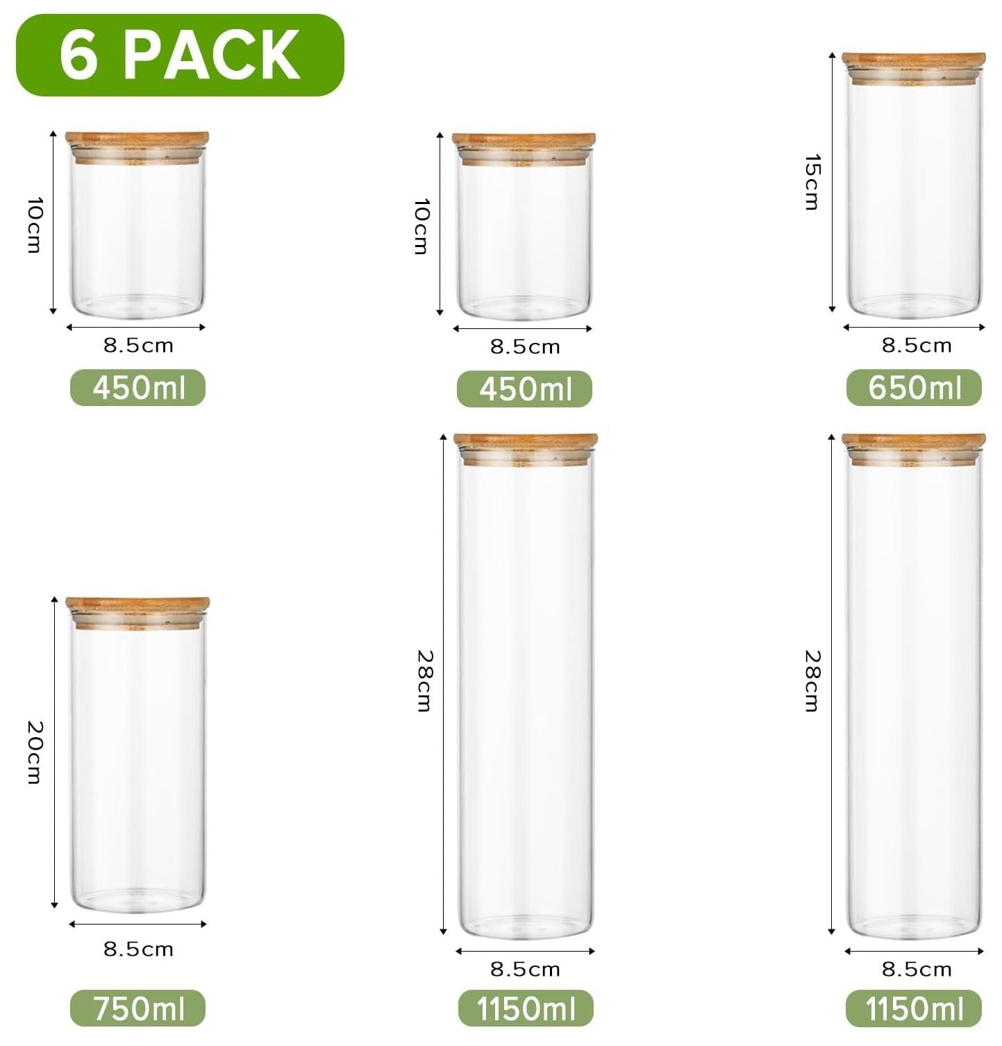 CARLA HOME 6 Pack Glass Storage Jars with Bamboo Lids, Airtight, Multi-Size - SuperSaverAU - view 2