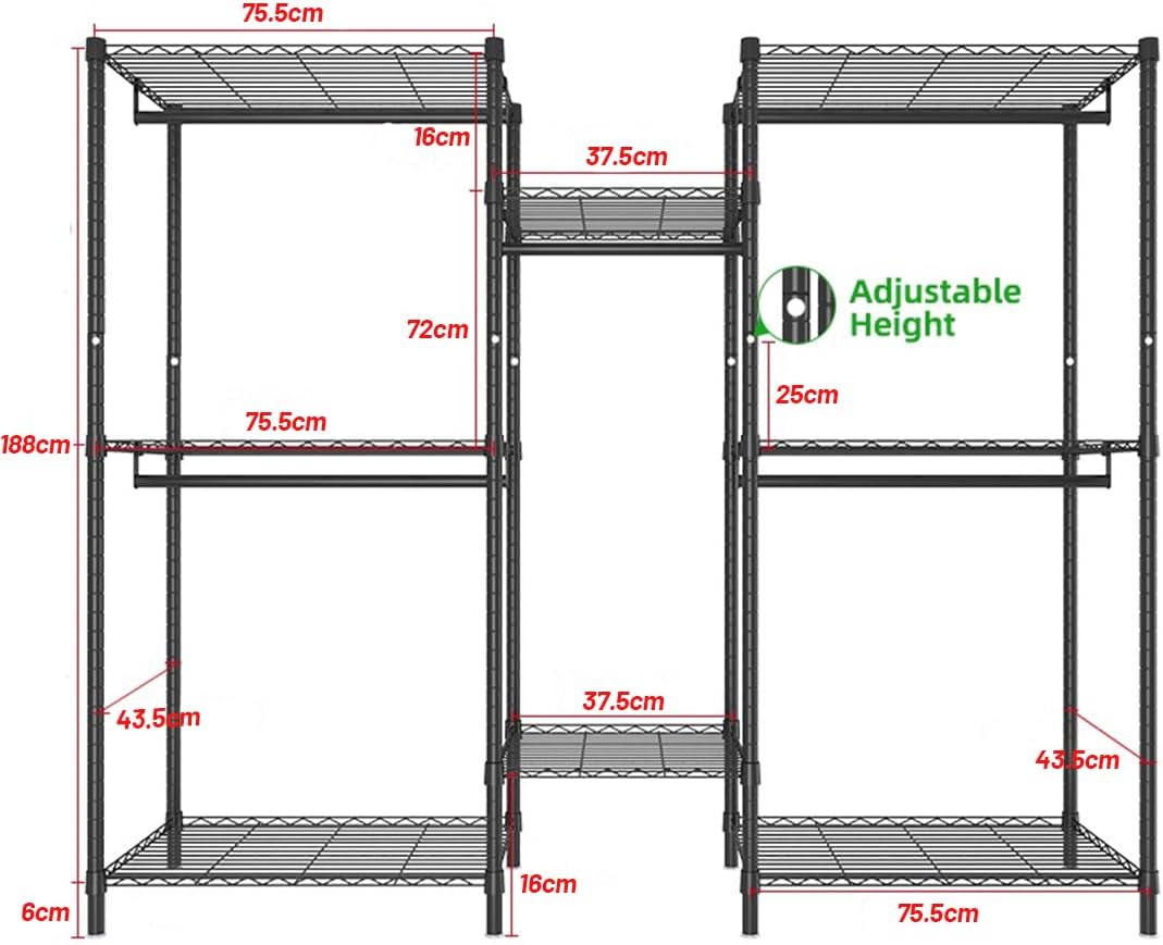 CARLA HOME Heavy Duty Garment Rack – 44 x 188 x 189cm with Rods & Shelves