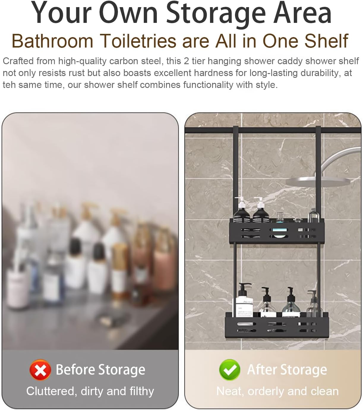 CARLA HOME 2-tier Over the Door Shower Caddy Organizer 62 x 30 x 5 cm with Hooks - SuperSaverAU - view 4