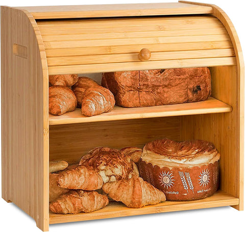 CARLA HOME Large Bamboo Bread Box 35x39x28 cm with Roll Top & Double-Layer Storage - SuperSaverAU - view 1
