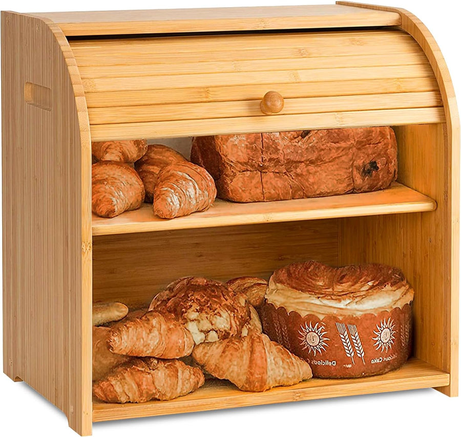 CARLA HOME Large Bamboo Bread Box 35x39x28 cm with Roll Top & Double-Layer Storage - SuperSaverAU - view 1