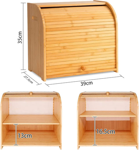 CARLA HOME Large Bamboo Bread Box 35x39x28 cm with Roll Top & Double-Layer Storage - SuperSaverAU - view 2