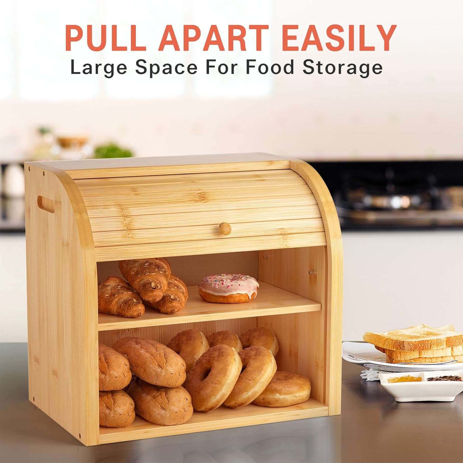 CARLA HOME Large Bamboo Bread Box 35x39x28 cm with Roll Top & Double-Layer Storage - SuperSaverAU - view 4