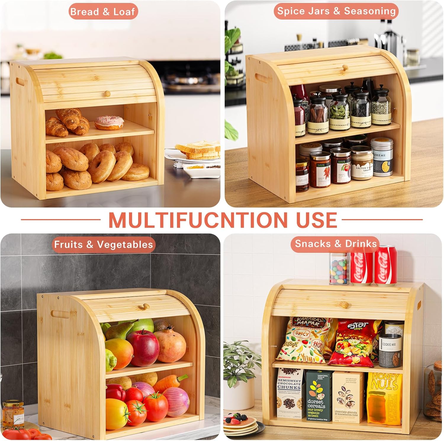 CARLA HOME Large Bamboo Bread Box 35x39x28 cm with Roll Top & Double-Layer Storage - SuperSaverAU - view 7