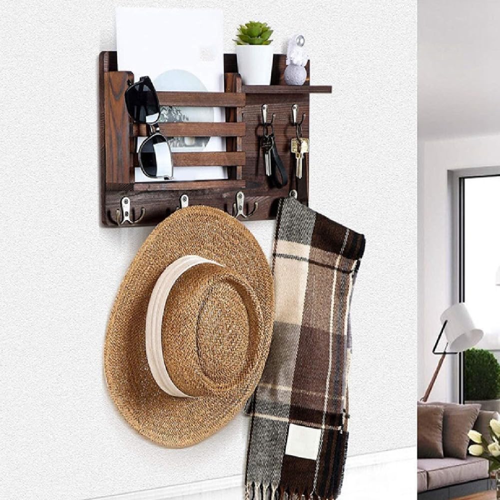 CARLA HOME Rustic Wood Wall Mounted Key and Mail Holder, 42x23x10 cm, 6 Hooks - SuperSaverAU - view 2