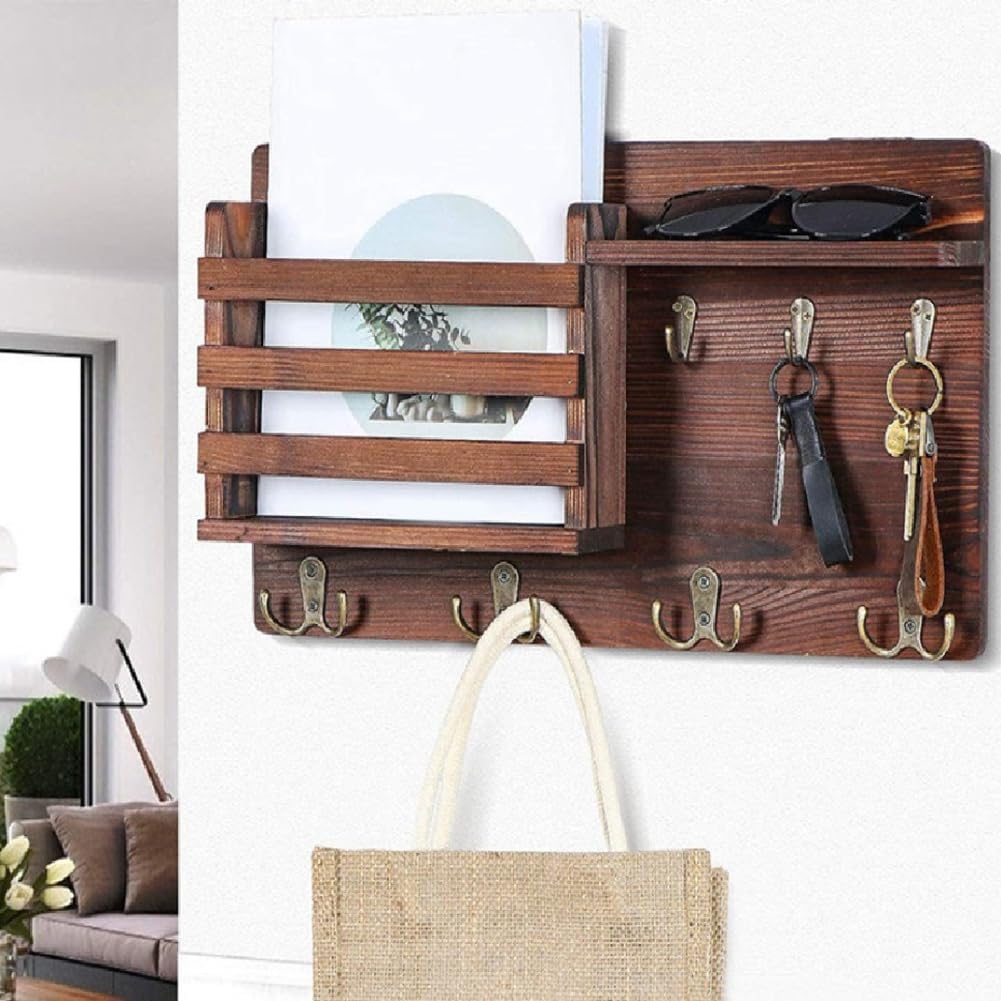 CARLA HOME Rustic Wood Wall Mounted Key and Mail Holder, 42x23x10 cm, 6 Hooks - SuperSaverAU - view 4