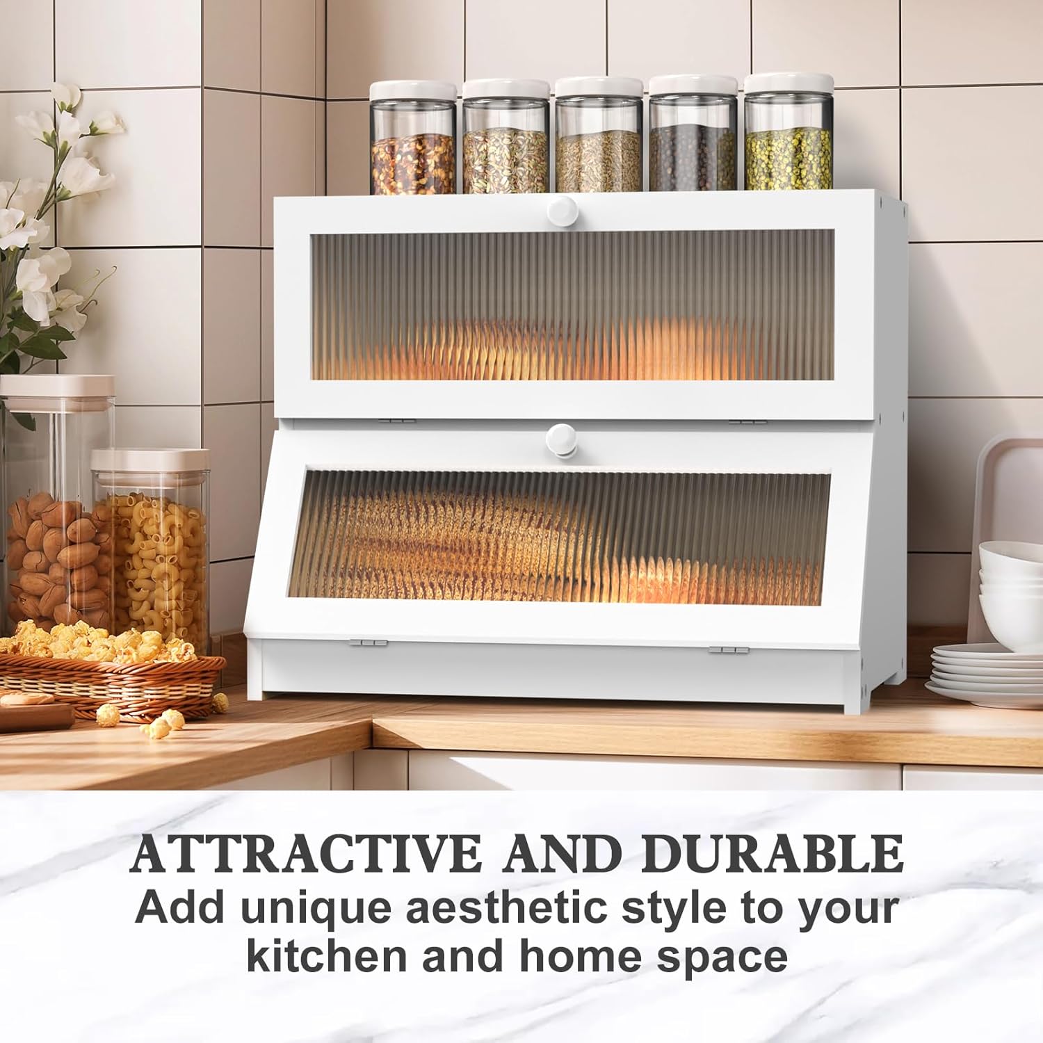 CARLA HOME Double Layer Bamboo Bread Box - 25x40x33 cm, Clear Window, Farmhouse Style - SuperSaverAU - view 7
