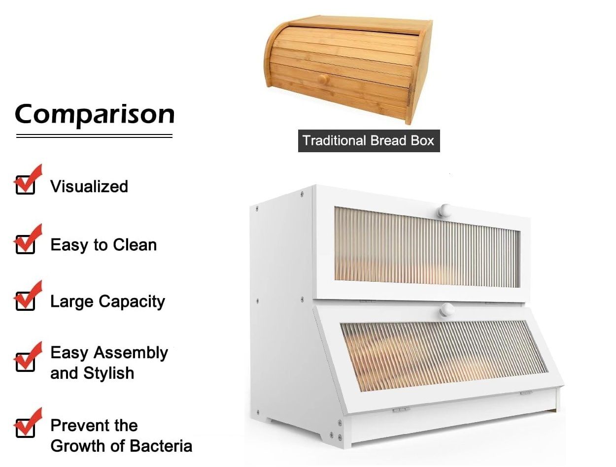 CARLA HOME Double Layer Bamboo Bread Box - 25x40x33 cm, Clear Window, Farmhouse Style - SuperSaverAU - view 8