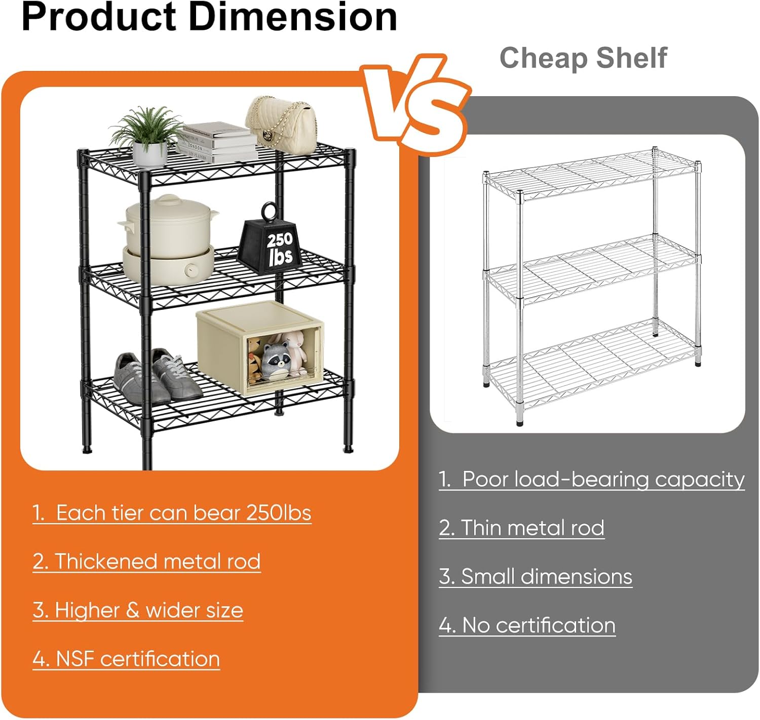 CARLA HOME 3-Tier Adjustable Metal Storage Shelves – 60 x 35 x 103cm