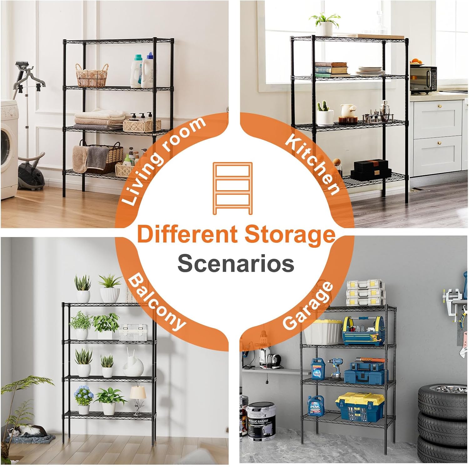 CARLA HOME 4-Tier Adjustable Metal Storage Shelves – 60 x 40 x 140cm
