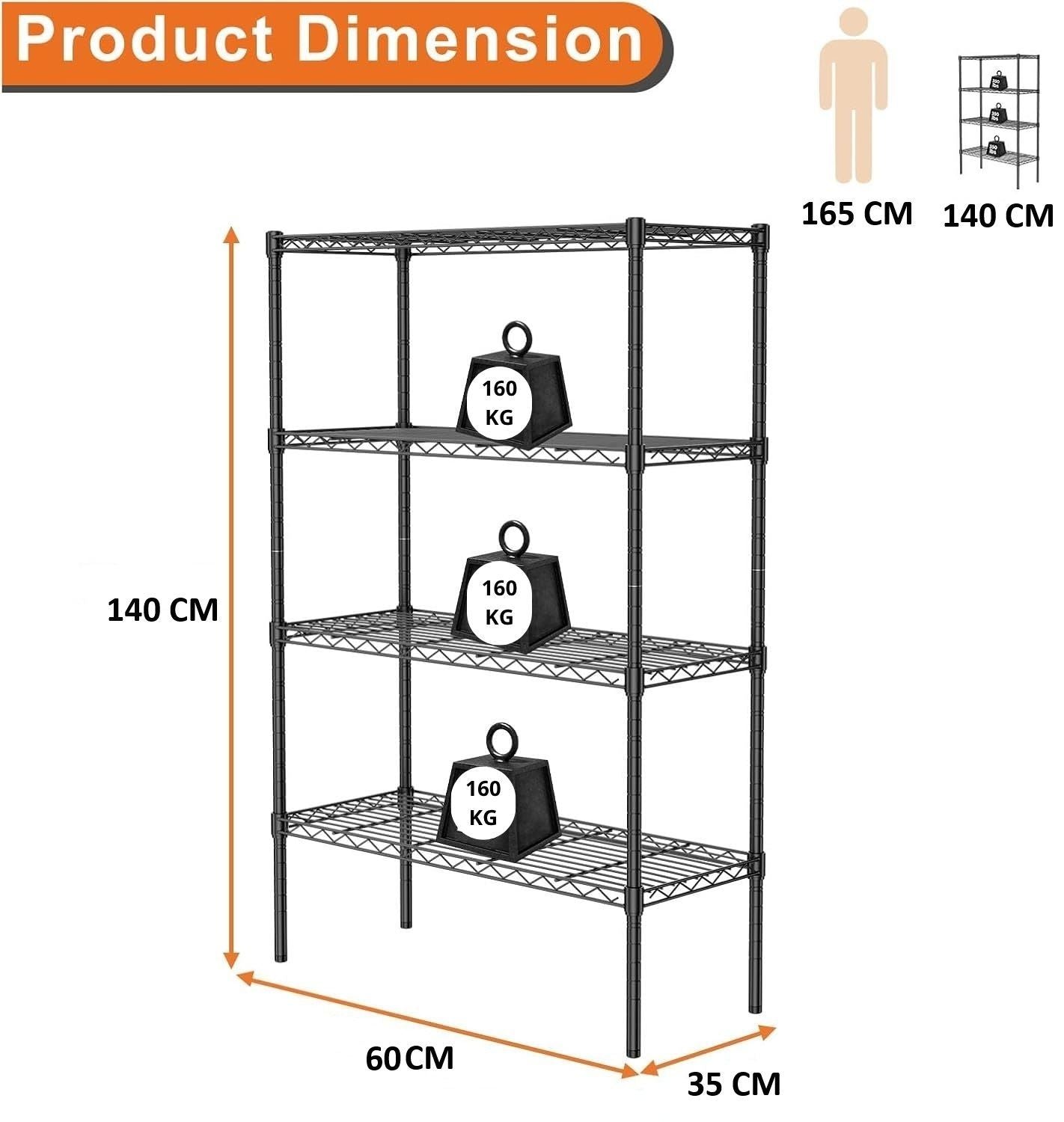 CARLA HOME 4-Tier Adjustable Metal Storage Shelves – 60 x 40 x 140cm