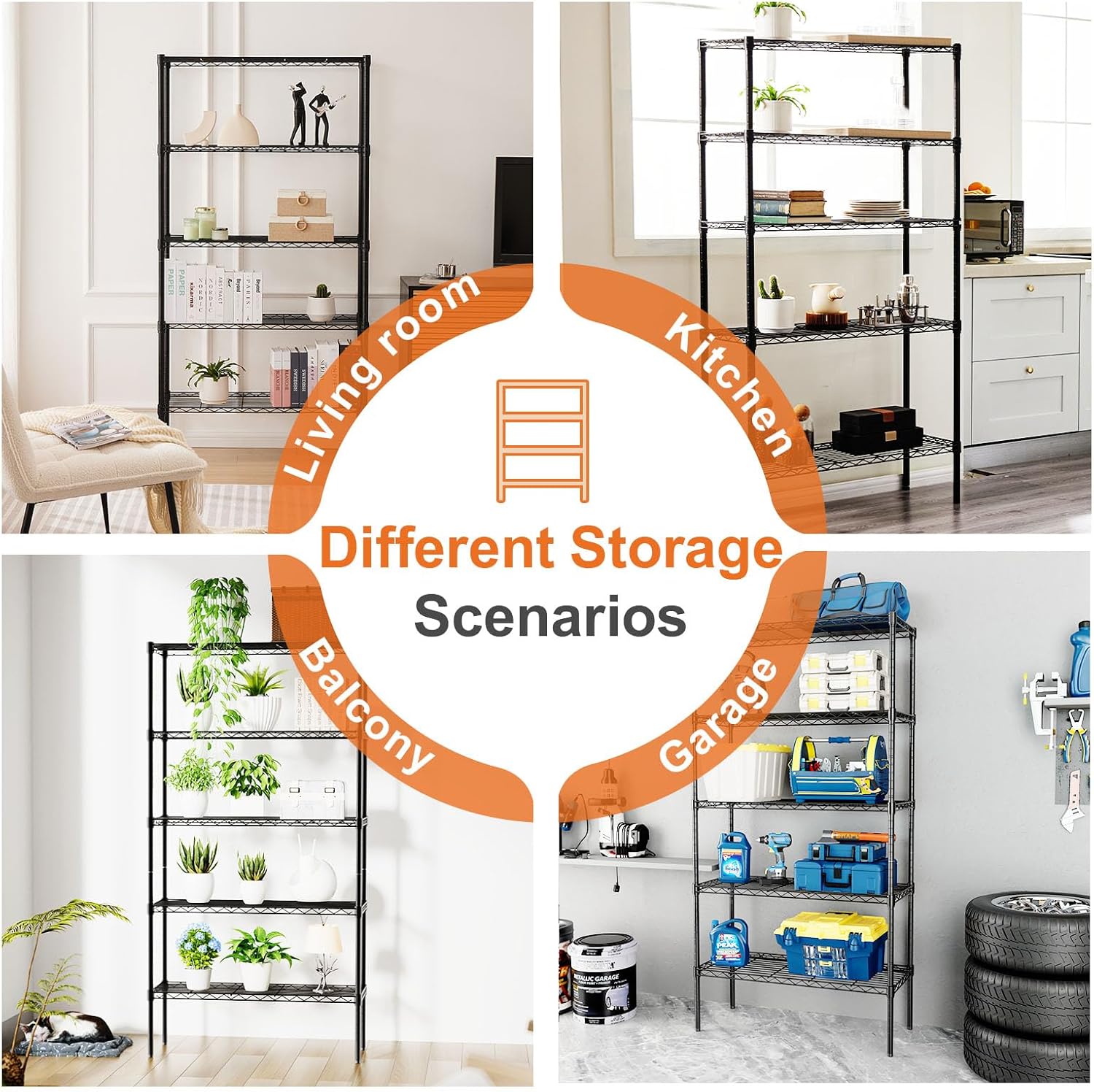 CARLA HOME 5-Tier Adjustable Metal Storage Shelves – 60 x 40 x 176cm