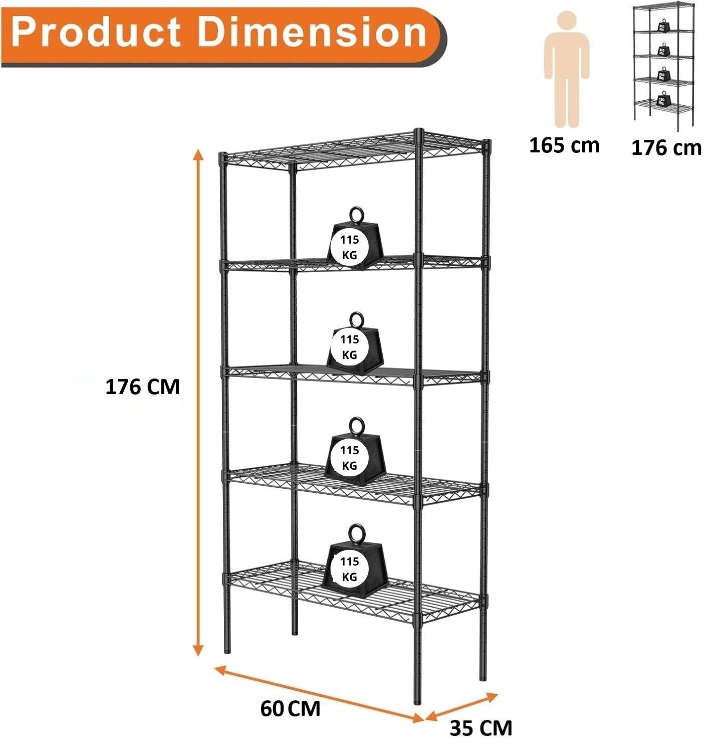 CARLA HOME 5-Tier Adjustable Metal Storage Shelves – 60 x 40 x 176cm