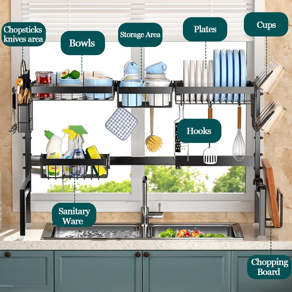 CARLA HOME Adjustable Over the Sink Dish Drying Rack 85 x 59 cm with Utensil Holder & Hooks - SuperSaverAU - view 2