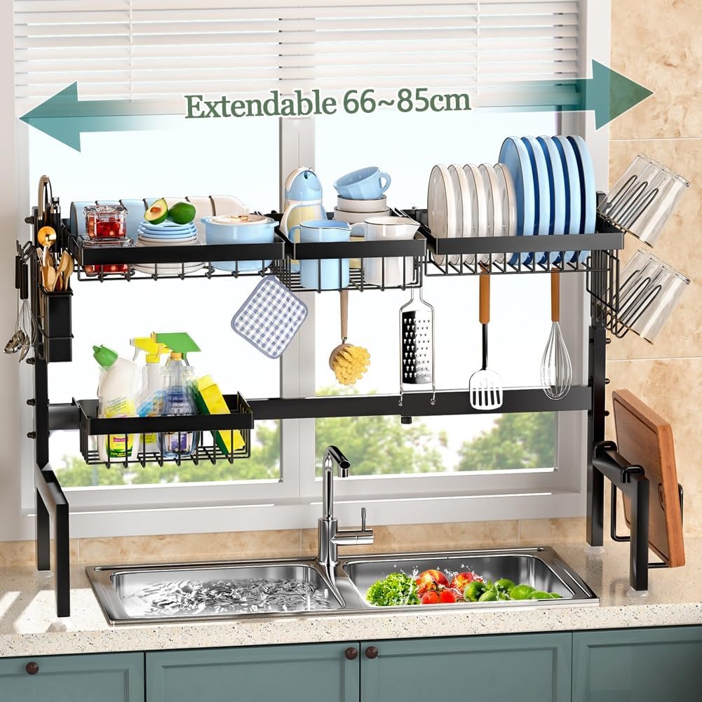 CARLA HOME Adjustable Over the Sink Dish Drying Rack with Utensil Holder, Hooks & Cutting Board Rack for Kitchen Counter Storage