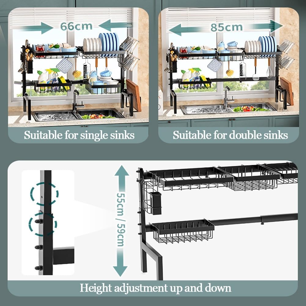 CARLA HOME Adjustable Over the Sink Dish Drying Rack 85 x 59 cm with Utensil Holder & Hooks - SuperSaverAU - view 5