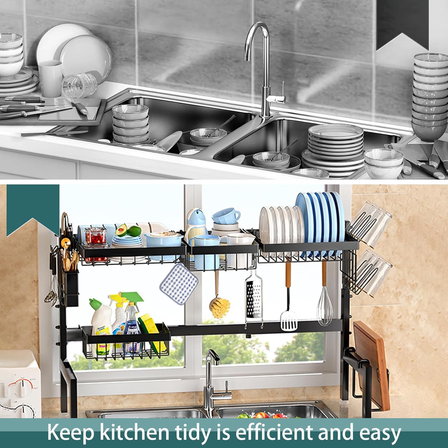 CARLA HOME Adjustable Over the Sink Dish Drying Rack 85 x 59 cm with Utensil Holder & Hooks - SuperSaverAU - view 7