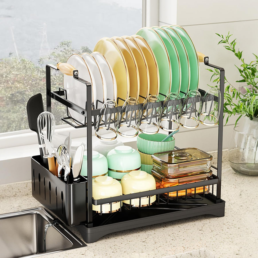 CARLA HOME 2-Tier Large Dish Drying Rack with Drainboard, Utensil Holder, 36 x 38 x 25 cm - SuperSaverAU - view 1
