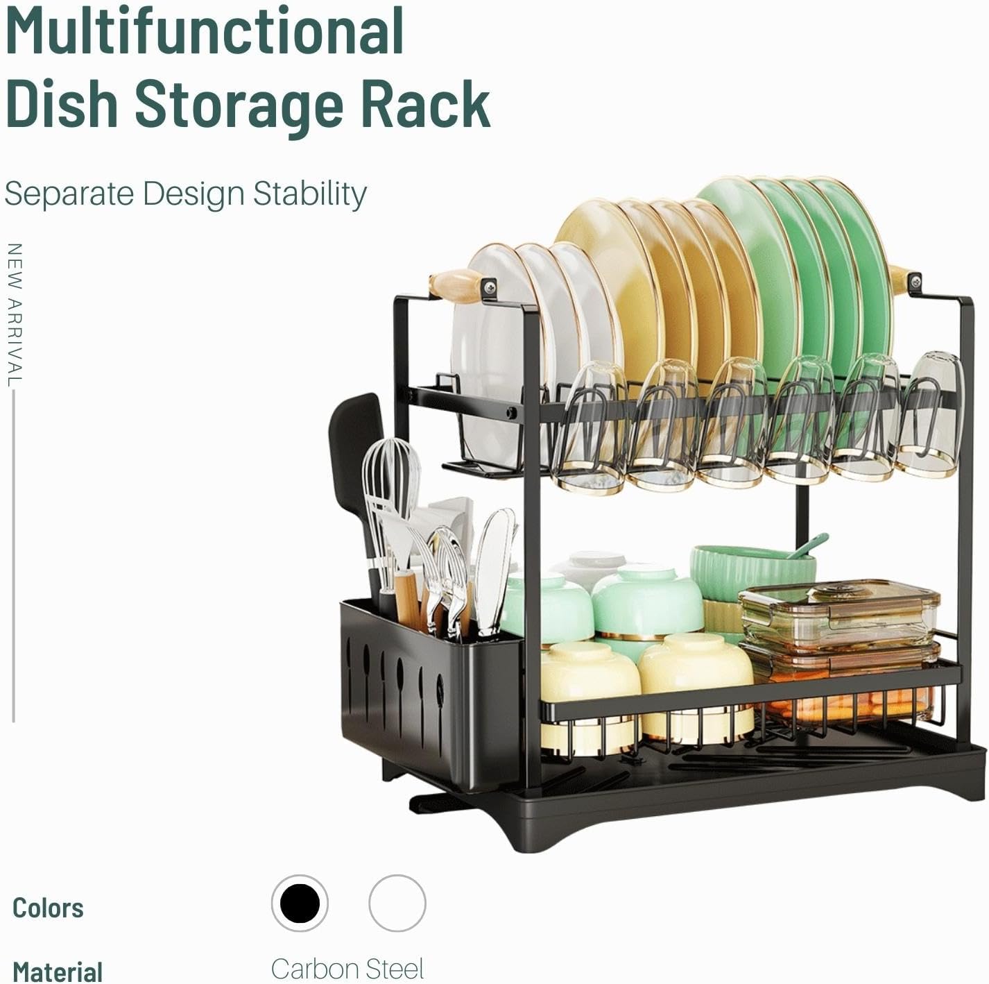 CARLA HOME 2-Tier Large Dish Drying Rack with Drainboard, Utensil Holder, 36 x 38 x 25 cm - SuperSaverAU - view 3