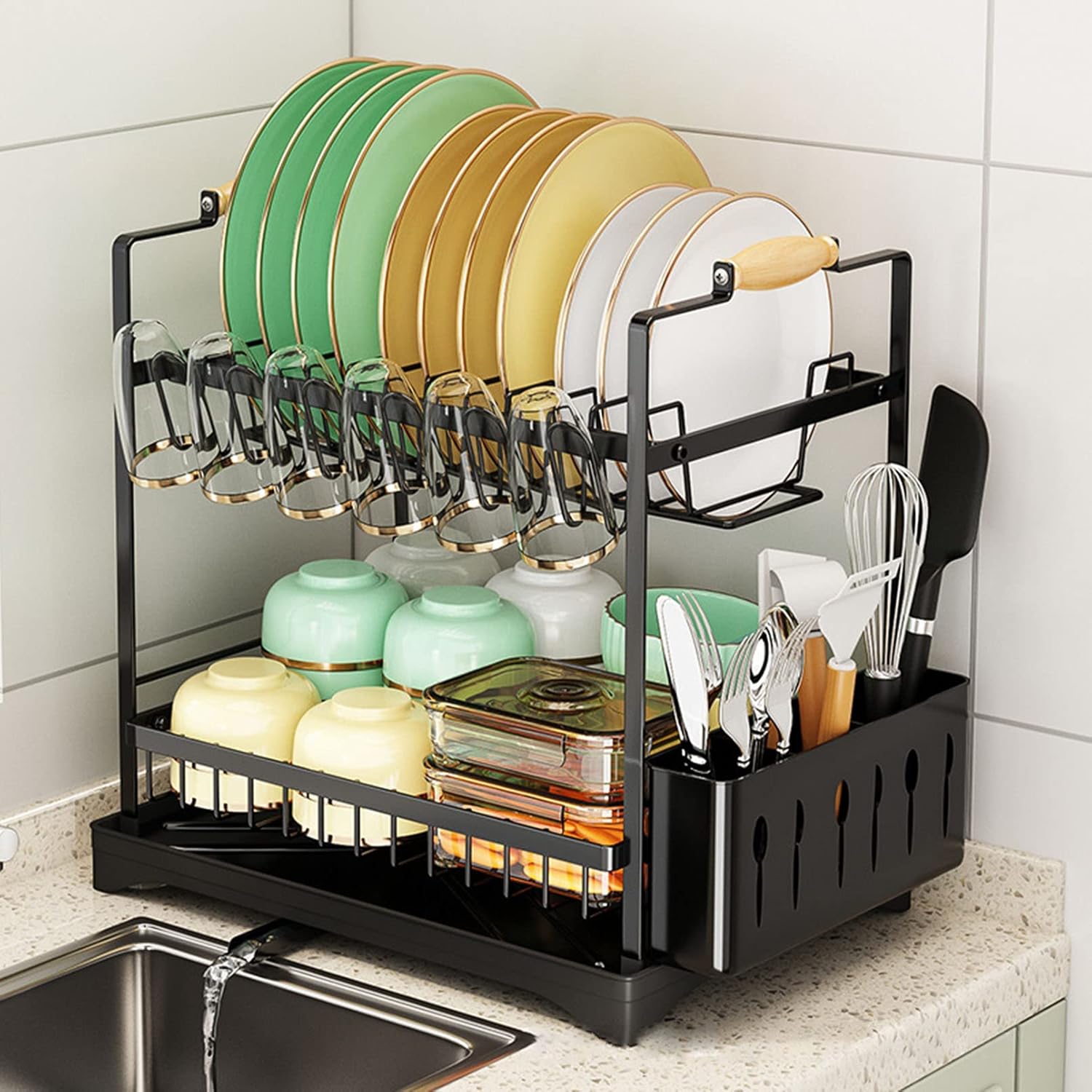 CARLA HOME 2-Tier Large Dish Drying Rack with Drainboard, Utensil Holder, 36 x 38 x 25 cm - SuperSaverAU - view 8