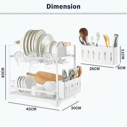 CARLA HOME 2-Tier Large Dish Drying Rack with Drainboard, Utensil Holder, Glass Hooks & Cutlery Storage (White)