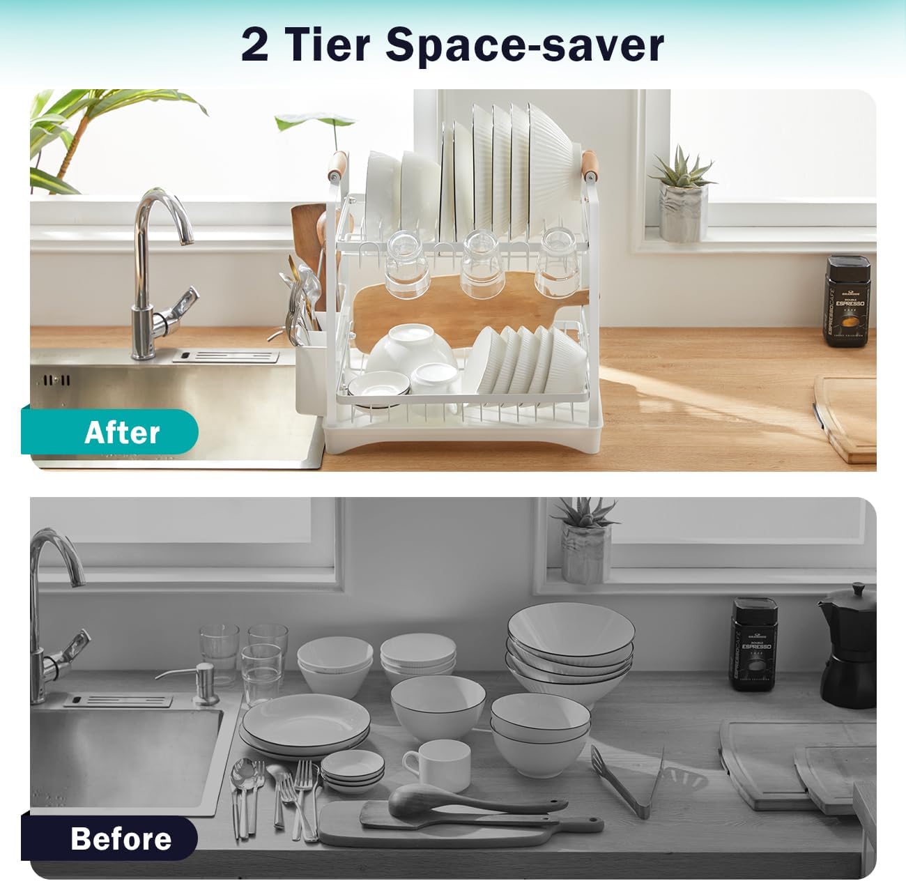 CARLA HOME 2-Tier Large Dish Drying Rack with Drainboard, Utensil Holder, 36 x 38 x 25 cm - SuperSaverAU - view 4