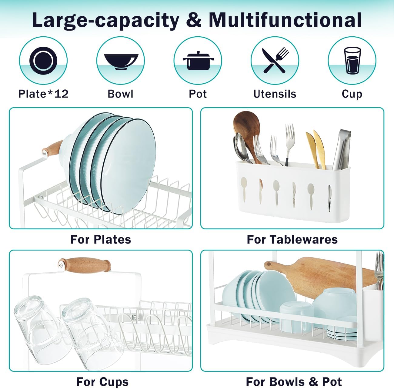 CARLA HOME 2-Tier Large Dish Drying Rack with Drainboard, Utensil Holder, 36 x 38 x 25 cm - SuperSaverAU - view 6
