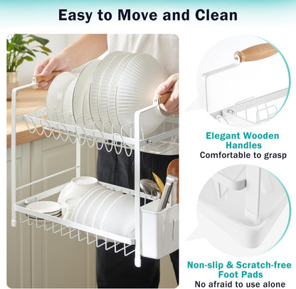 CARLA HOME 2-Tier Large Dish Drying Rack with Drainboard, Utensil Holder, Glass Hooks & Cutlery Storage (White)