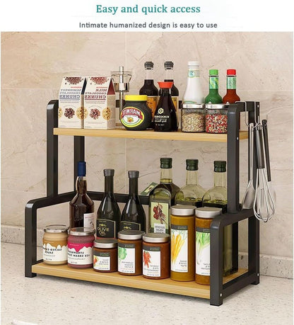 CARLA HOME 2-Tier Wooden Kitchen Countertop Spice Rack for Storage of Condiments, Oils, Jars & Seasoning Bottles