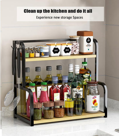 CARLA HOME 2-Tier Wooden Kitchen Countertop Spice Rack for Storage of Condiments, Oils, Jars & Seasoning Bottles