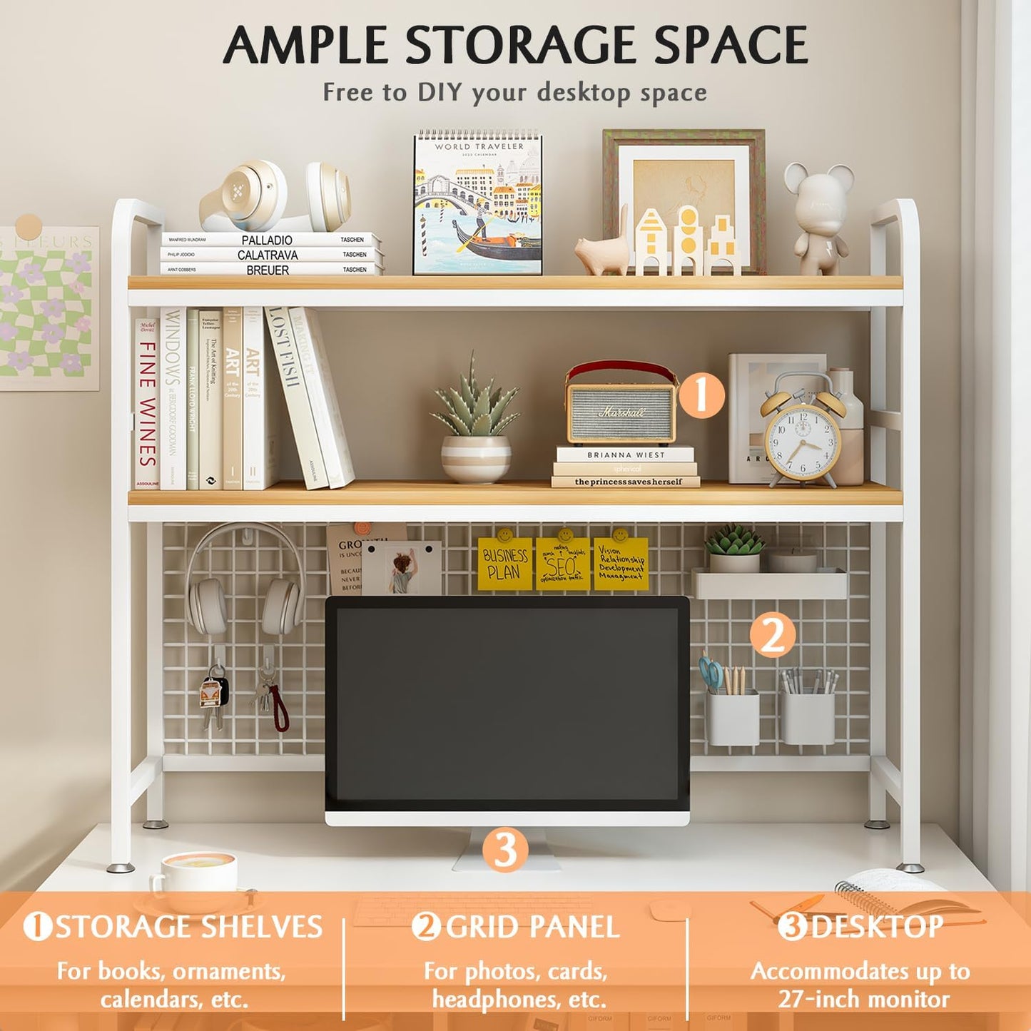 CARLA HOME 2-Tier Metal Desktop Hutch Bookshelf