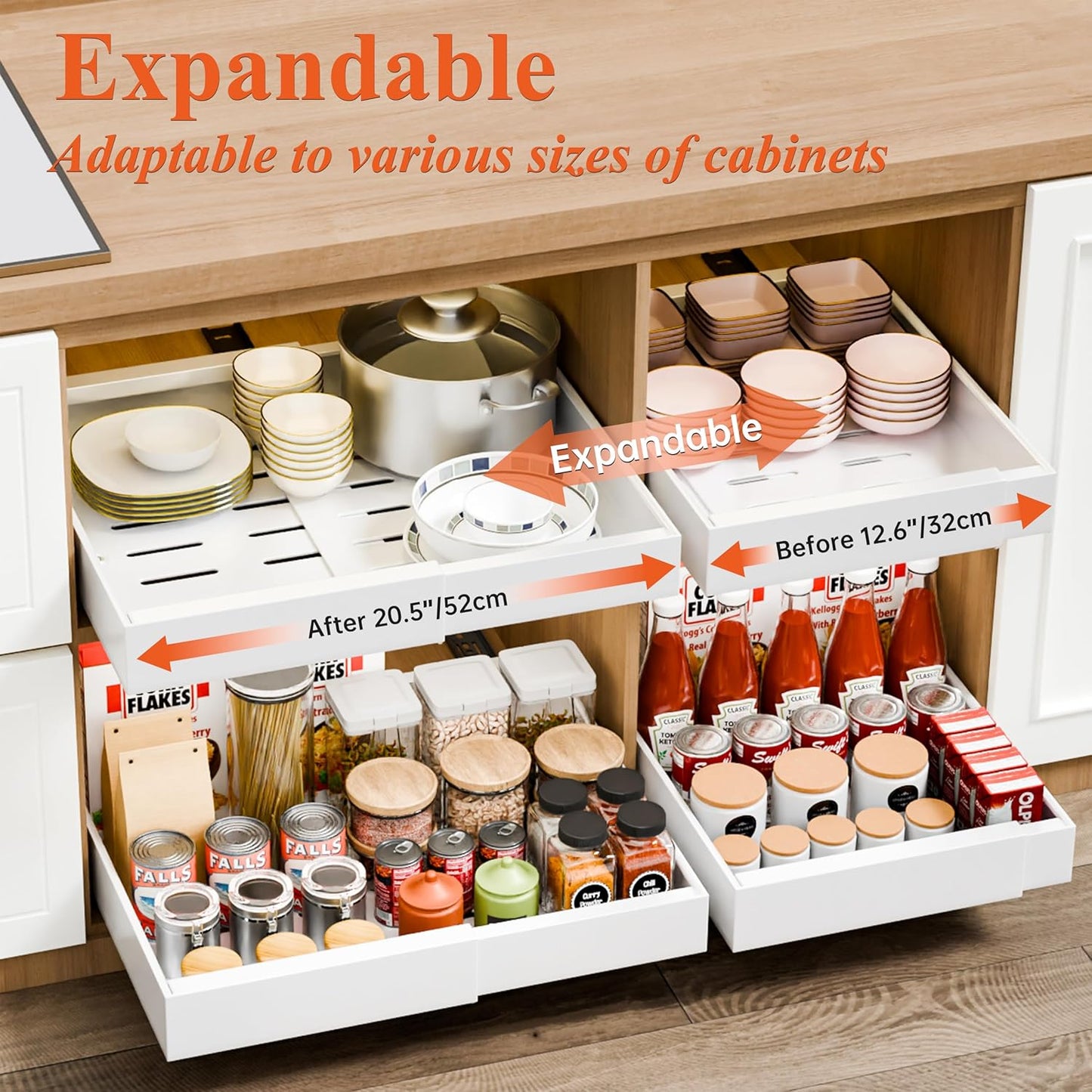 CARLA HOME 2 Pack Pull Out Cabinet Organizer Expandable for Cabinets with Adjustable Slide Out Shelves and Easy Installation (White)