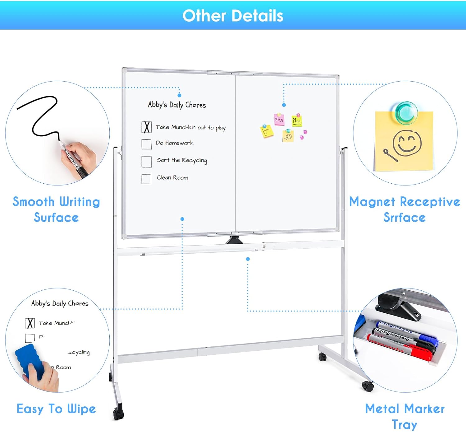 CARLA HOME 120x90cm Double Sided Magnetic Whiteboard with Wheels