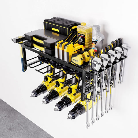 CARLA HOME 2-Tier Wall Mount Power Tool Rack Organizer 25x15x60 cm with Drill Holder & Wrench Hooks - SuperSaverAU - view 1