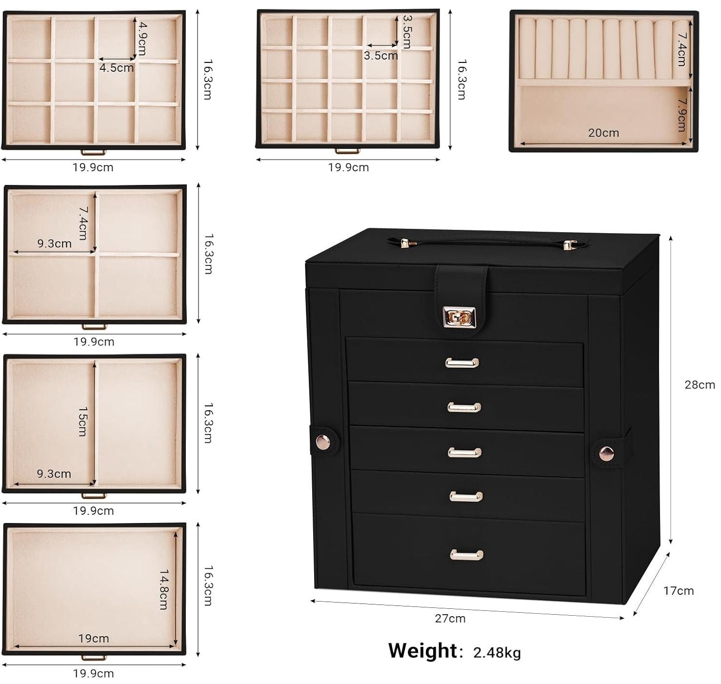 CARLA HOME 6-Layer Large Jewelry Box with Mirror and Lock - Black