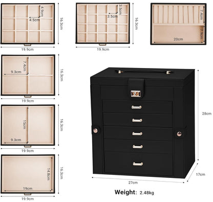 CARLA HOME 6-Layer Large Jewelry Box for Women withDrawers, Mirror, Lock, Necklace Hooks & Side Compartments for Rings, Earrings, Bracelets, Gifts (Black)