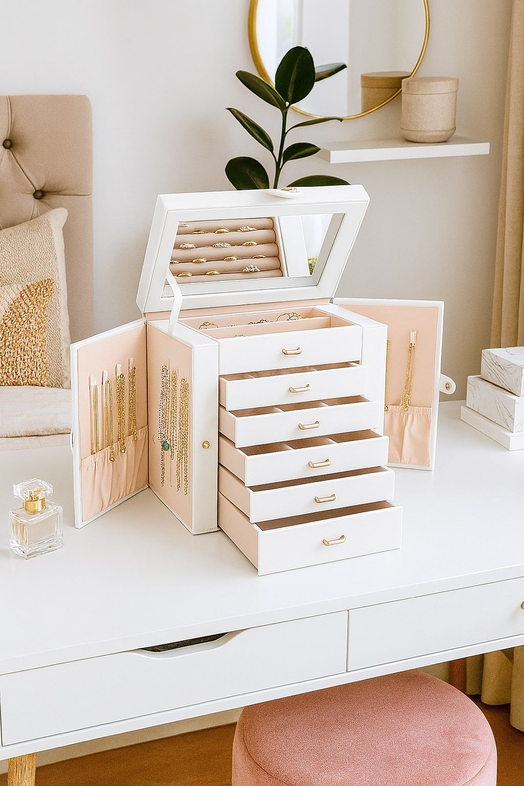 CARLA HOME 6-Layer Large Jewelry Box with Mirror and Lock - White