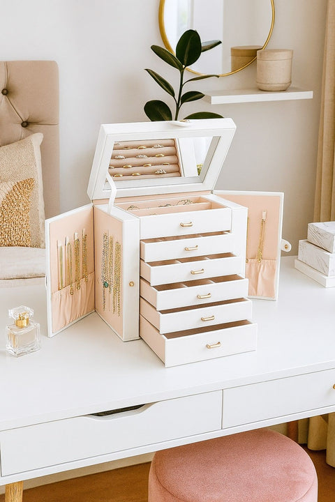 CARLA HOME 6-Layer Large Jewelry Box with Mirror and Lock - White