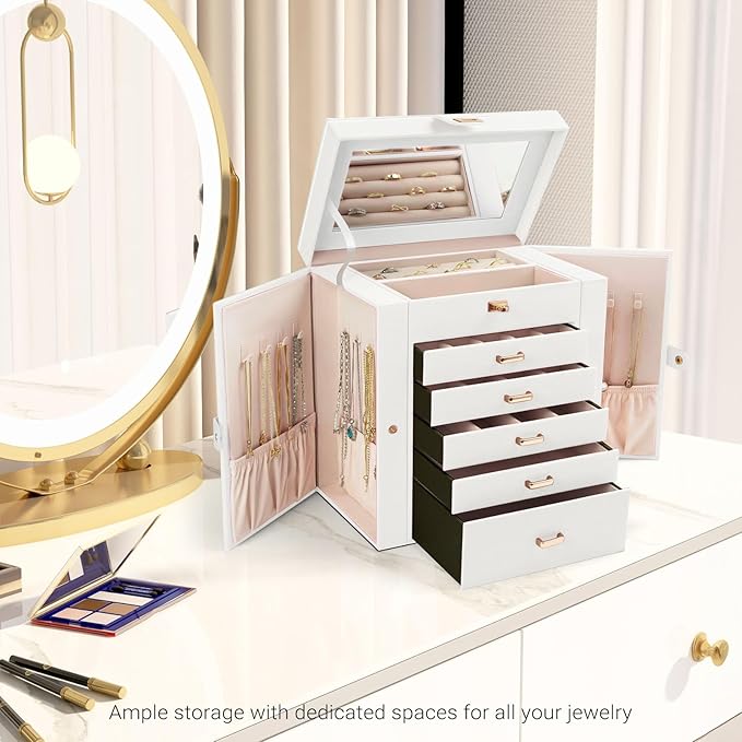 CARLA HOME 6-Layer Large Jewelry Box with Mirror and Lock - White