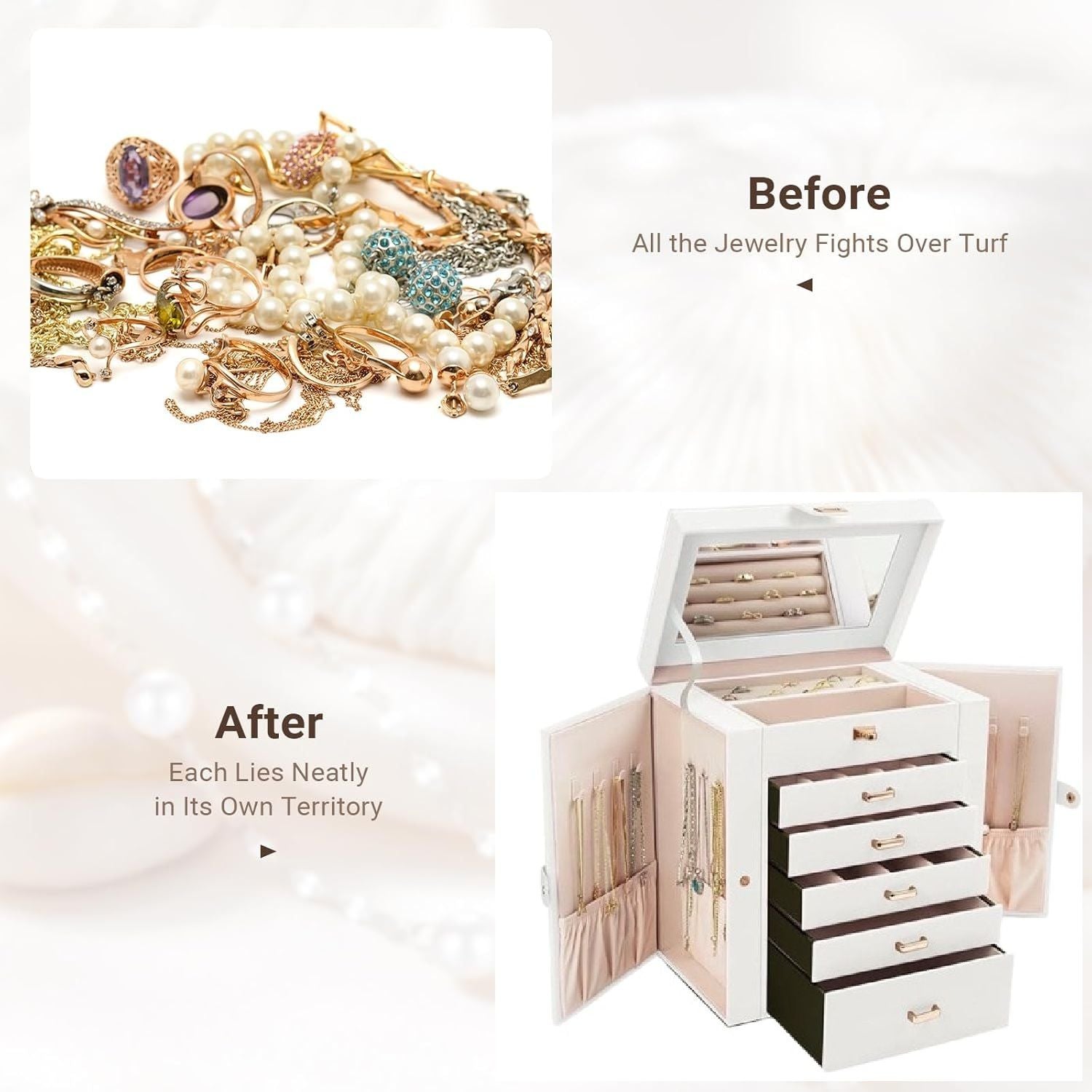 CARLA HOME 6-Layer Large Jewelry Box with Mirror and Lock - White
