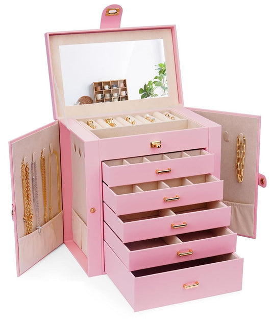 CARLA HOME 6-Layer Large Jewelry Box for Women withDrawers, Mirror, Lock, Necklace Hooks & Side Compartments for Rings, Earrings, Bracelets, Gifts (Pink)