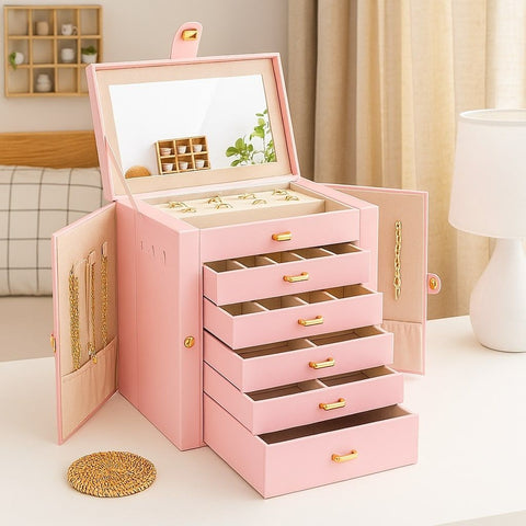 CARLA HOME 6-Layer Large Jewelry Box with Mirror and Lock - Pink