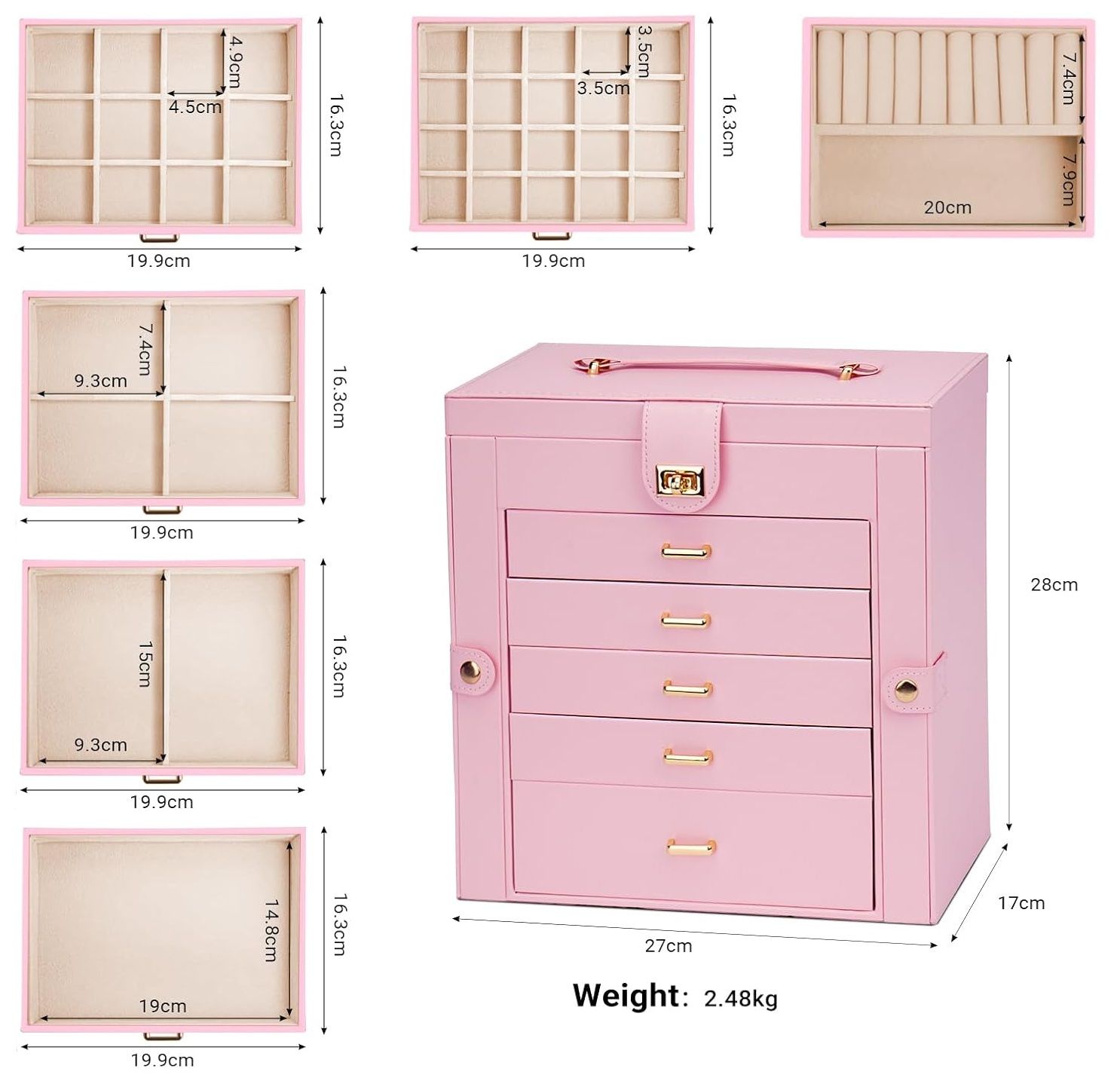 CARLA HOME 6-Layer Large Jewelry Box with Mirror and Lock - Pink