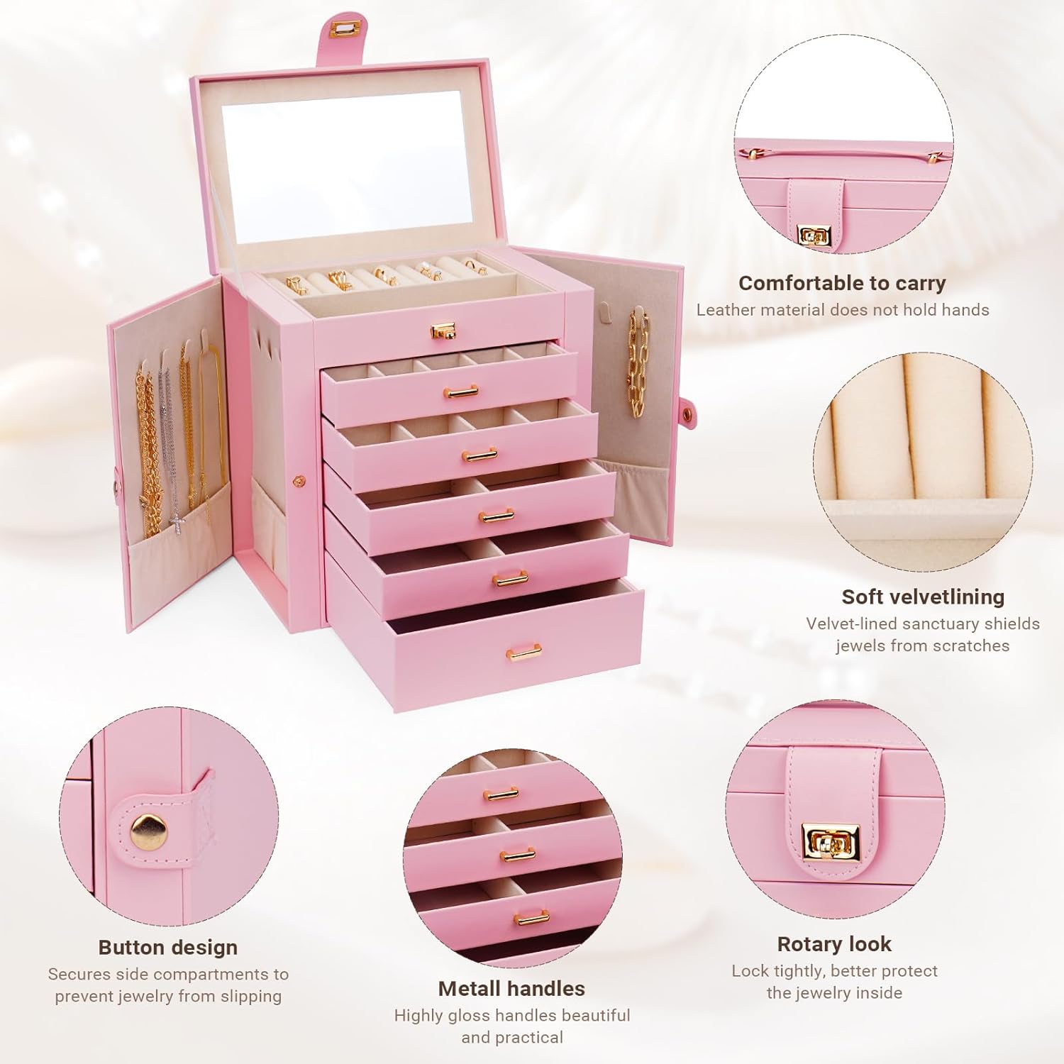 CARLA HOME 6-Layer Large Jewelry Box with Mirror and Lock - Pink