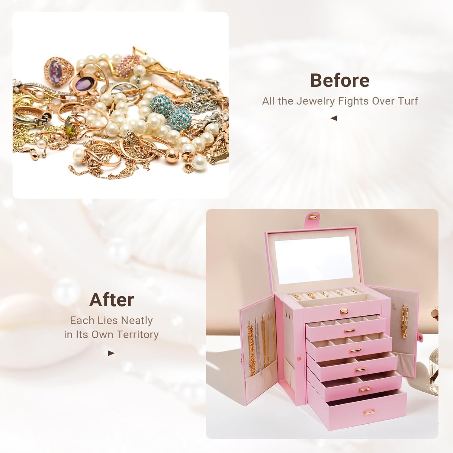 CARLA HOME 6-Layer Large Jewelry Box with Mirror and Lock - Pink