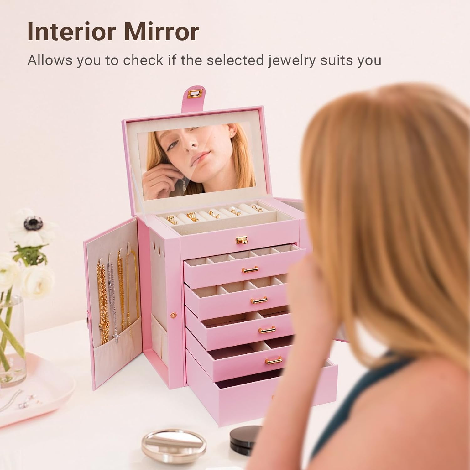 CARLA HOME 6-Layer Large Jewelry Box with Mirror and Lock - Pink